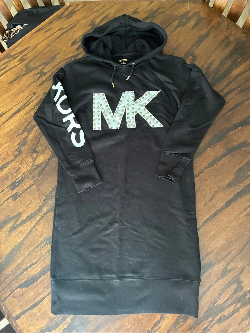 Michael Kors Black Hooded Sweatshirt Dress with Studded MK Logo